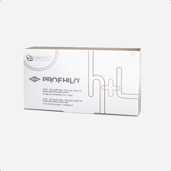 Profhilo H+L box contains two vials of the product, labeled "H" and "L," filled with a specialized hyaluronic acid-based formula. Instruction leaflet provides usage guidelines, precautions, and contact information for proper application and handling.
