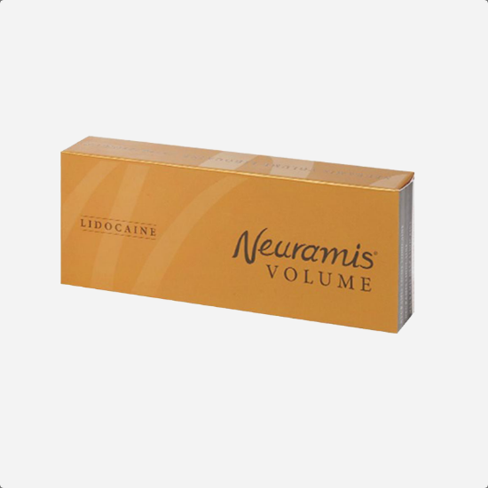 Neuramis CE Dermal Filler (Volume) box contains a sterile syringe filled with clear gel, equipped with a needle for precise application. Instruction leaflet may provide usage guidelines, precautions, and contact information.