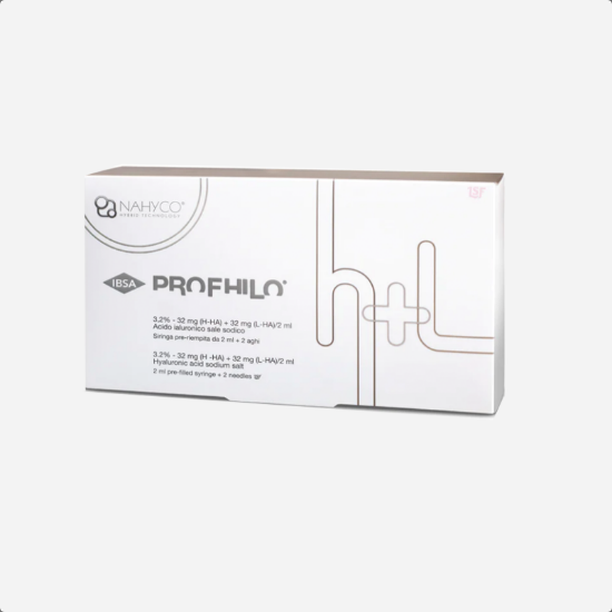  Profhilo H+L box contains two vials of the product, labeled "H" and "L," filled with a specialized hyaluronic acid-based formula. Instruction leaflet provides usage guidelines, precautions, and contact information for proper application and handling.