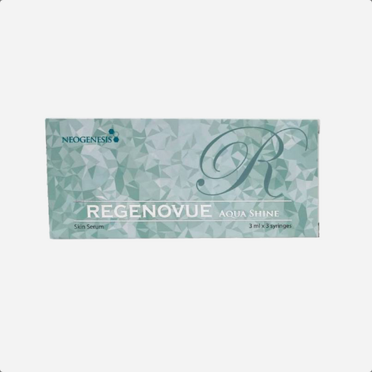 Regenovue Aqua Shine Plus: A syringe of Regenovue Aqua Shine Plus, a cosmetic product for skin rejuvenation and hydration. The syringe contains a transparent gel substance with tiny particles. It is designed for superficial skin injections, enhancing skin radiance and providing deep hydration.